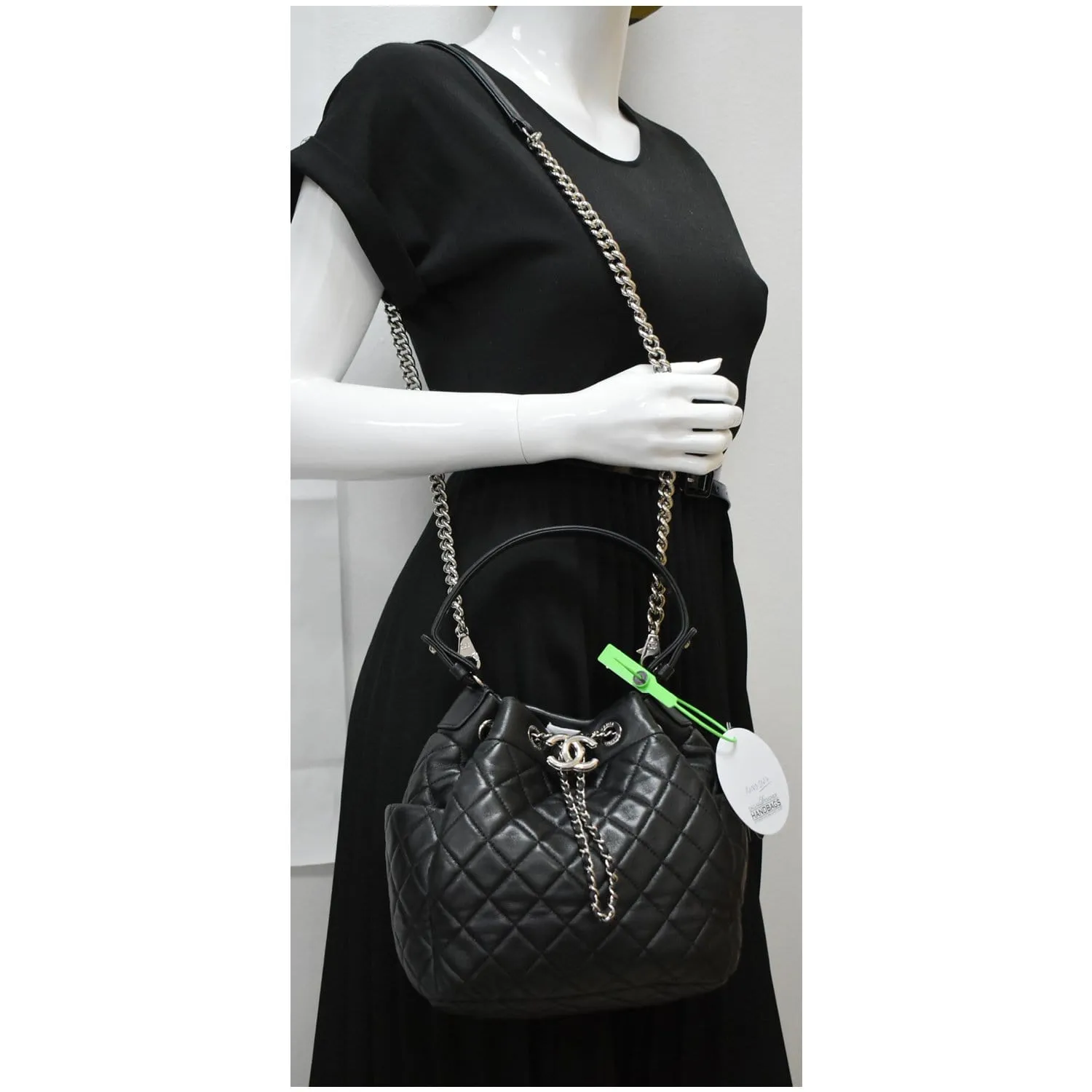 CHANEL Drawstring Bucket Quilted Lambskin Leather Shoulder Bag Black