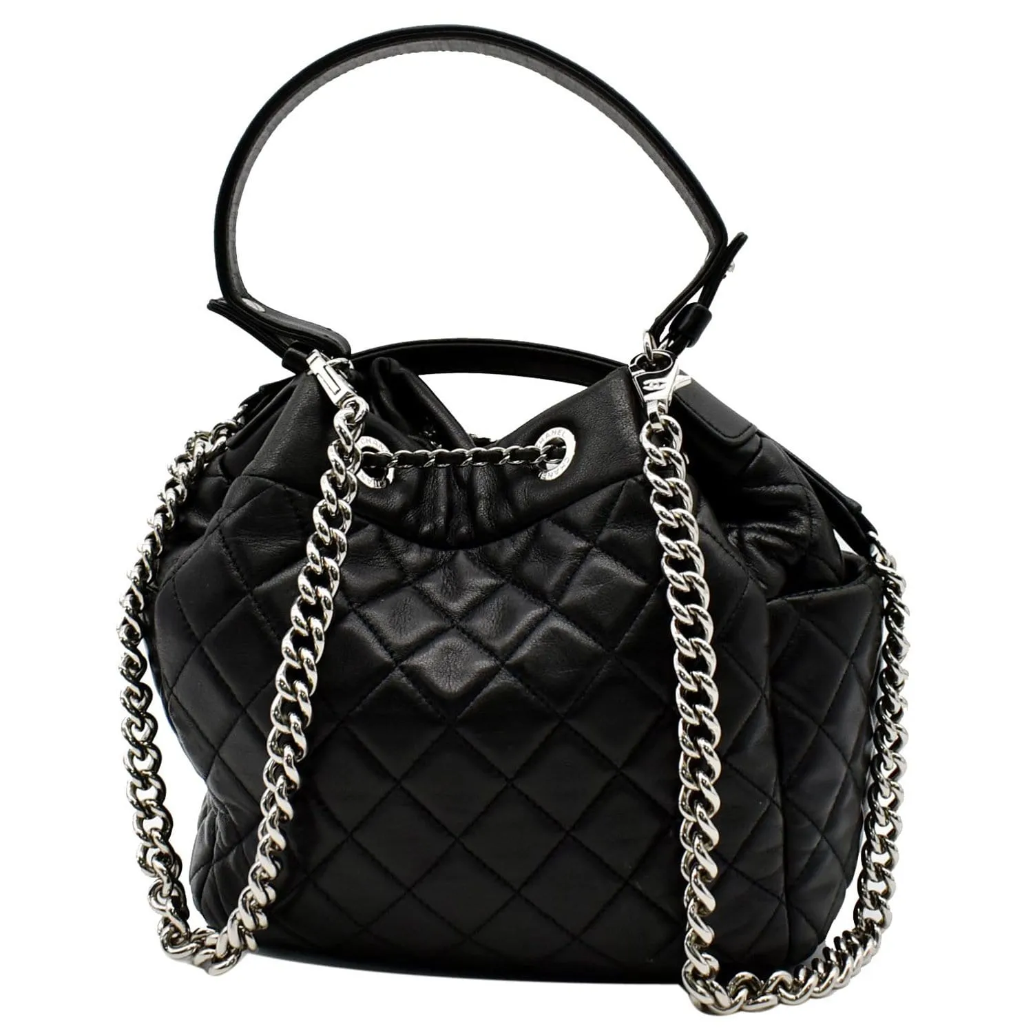 CHANEL Drawstring Bucket Quilted Lambskin Leather Shoulder Bag Black
