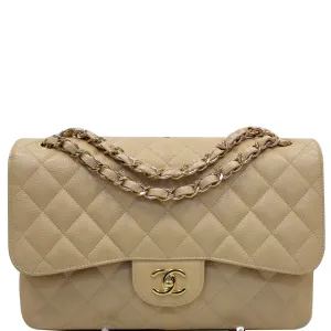 CHANEL Jumbo Double Flap Caviar Leather Shoulder Bag Beige