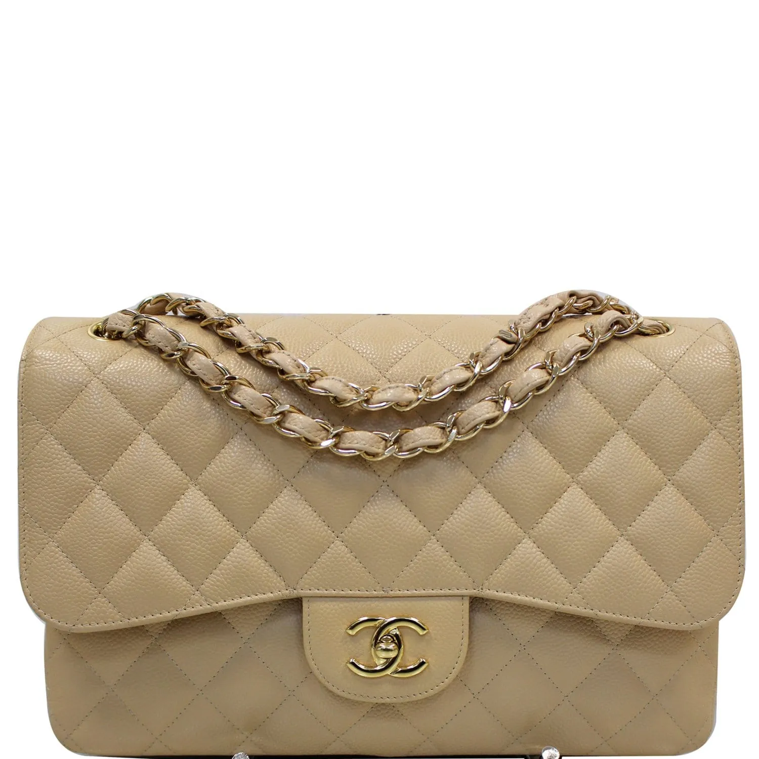 CHANEL Jumbo Double Flap Caviar Leather Shoulder Bag Beige