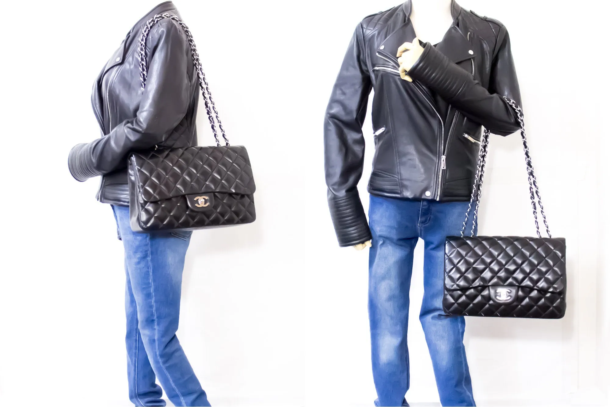 CHANEL Large Classic Handbag 11"Chain Shoulder Bag Flap Black Lamb h44