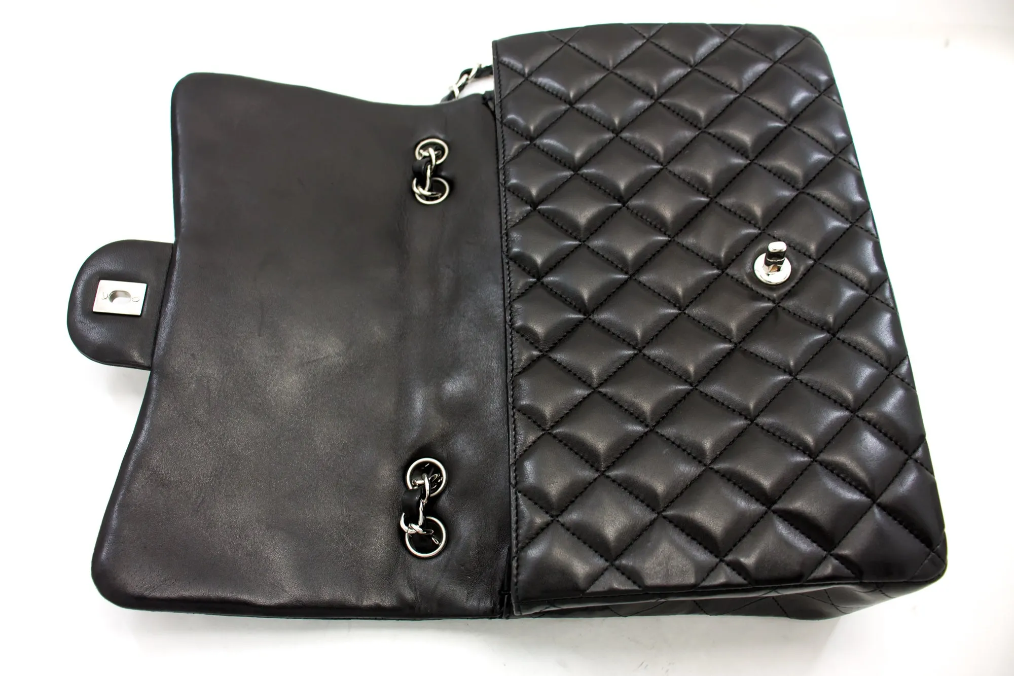 CHANEL Large Classic Handbag 11"Chain Shoulder Bag Flap Black Lamb h44