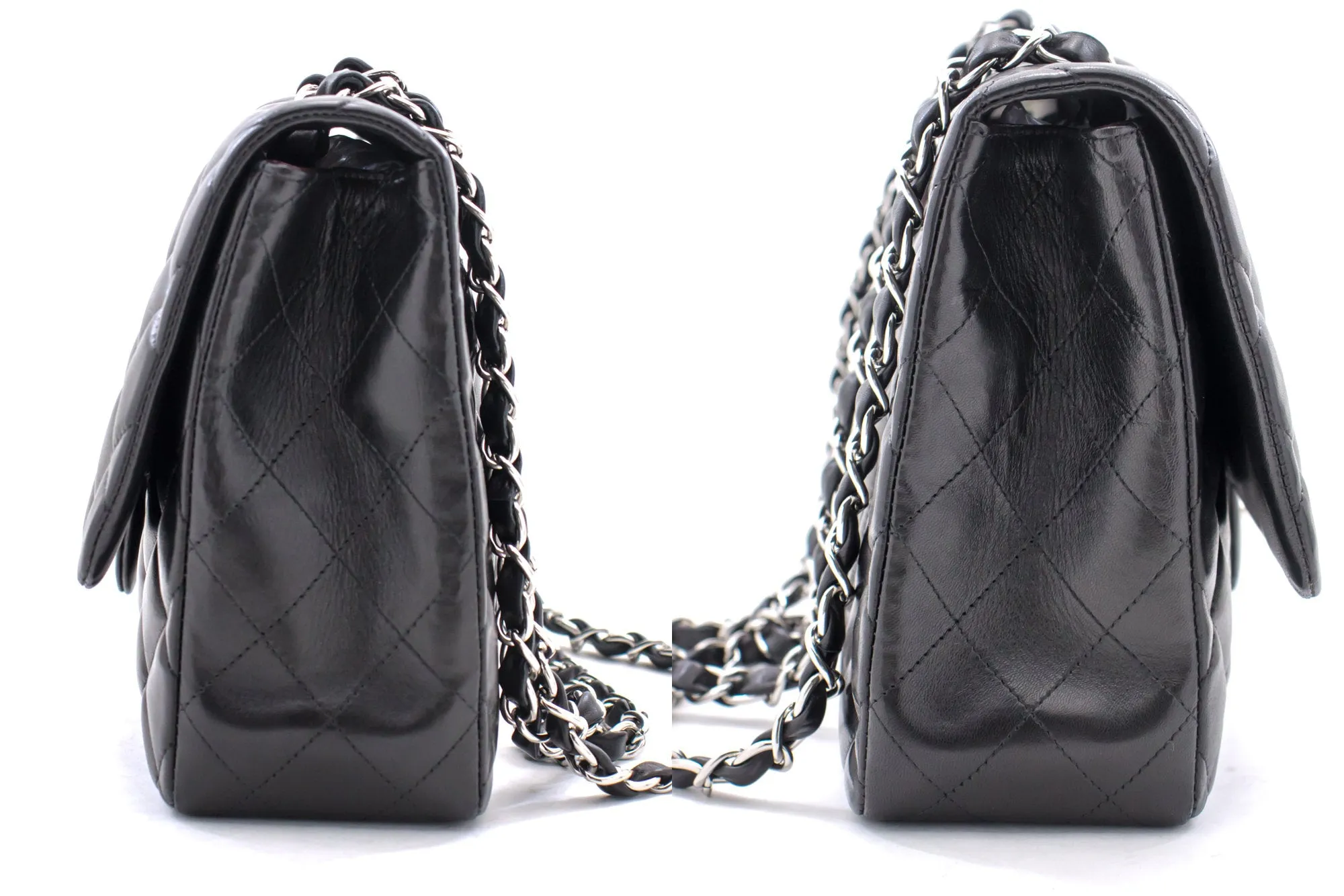 CHANEL Large Classic Handbag 11"Chain Shoulder Bag Flap Black Lamb h44