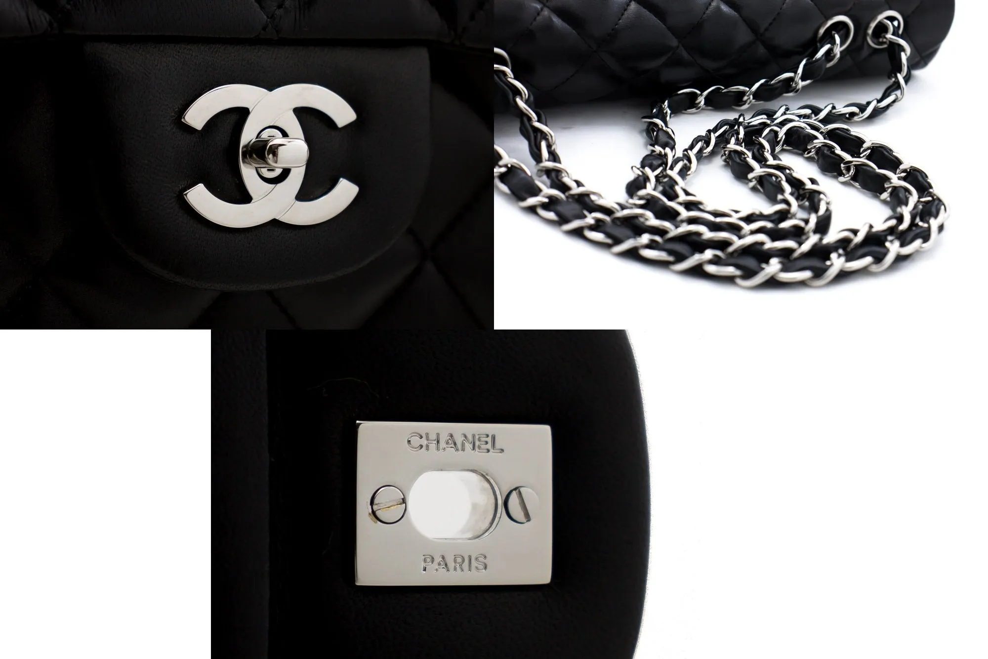 CHANEL Large Classic Handbag 11"Chain Shoulder Bag Flap Black Lamb h44