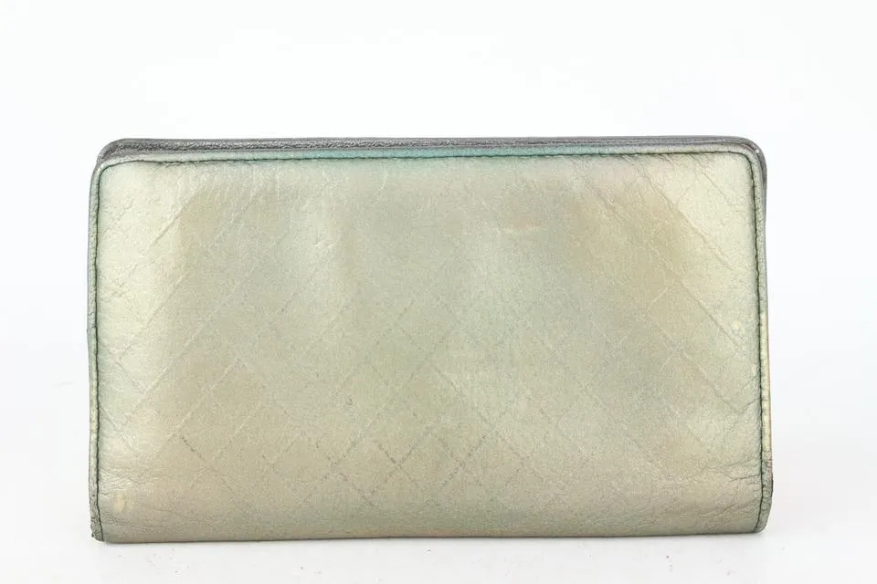 Chanel Quilted Metallic Green Leather Long Bifold Flap Wallet 266ca29