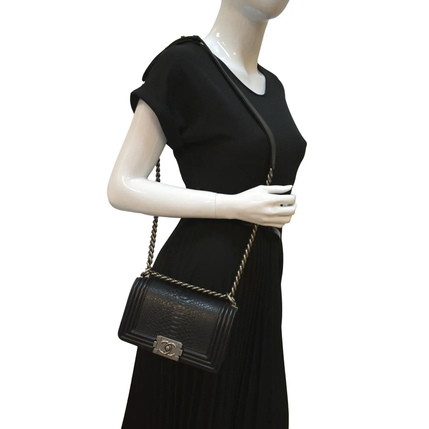CHANEL Small Flap Boy Python Leather Shoulder Bag Black