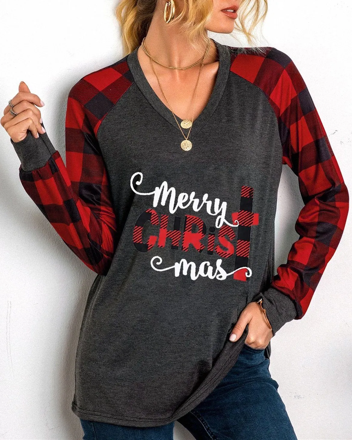 Christmas Print Checkered V-neck Top - Red
