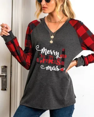 Christmas Print Checkered V-neck Top - Red