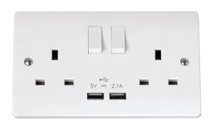 Click Curva CCA780 White Moulded 13A 2 Gang Switched Socket With 2 X USB Outlets (Total Output 2.1A)
