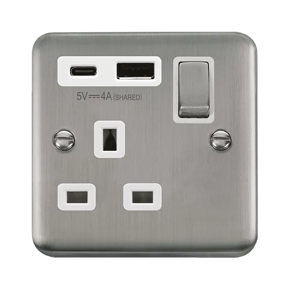 Click Deco Plus DPSS585WH 13A Ingot 1G Switched Safety Shutter Socket   Type A&C USB - Stainless Steel (White)