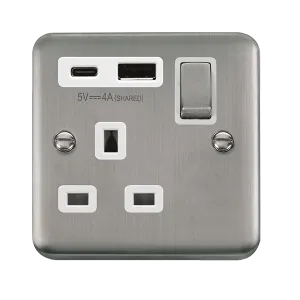 Click Deco Plus DPSS585WH 13A Ingot 1G Switched Safety Shutter Socket   Type A&C USB - Stainless Steel (White)
