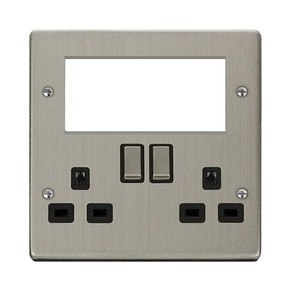 Click Deco Victorian VPSS604BK 2 Gang 3 Pin Safety Shutter Switched Socket with Quad New Media Apertures - Stainless Steel (Black)