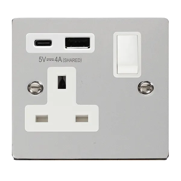 Click Deco VPCH785WH Victorian 13A Non-Ingot 1G Switched Socket   Type A&C USB - Polished Chrome (White)