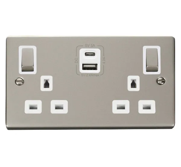 Click Deco VPPN586WH Victorian 13A Ingot 2G Switched Socket   Type A&C USB - Pearl Nickel (White)