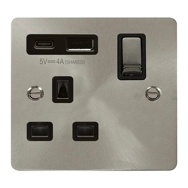 Click Define FPBS585BK Flat Plate 13A Ingot 1G Switched Socket   Type A&C USB - Brushed Stainless (Black)