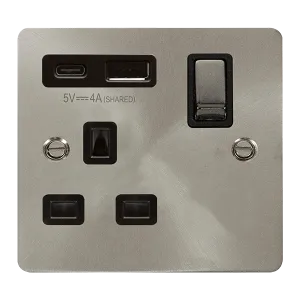Click Define FPBS585BK Flat Plate 13A Ingot 1G Switched Socket   Type A&C USB - Brushed Stainless (Black)