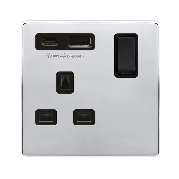 Click Definity Complete SFCH785BK 'Non Ingot' 13A 1  Gang  Switched Safety Shutter Socket Outlet with Type A & C USB (4A) Outlets - Polished Chrome - Black Inserts