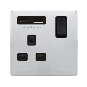 Click Definity Complete SFCH785BK 'Non Ingot' 13A 1  Gang  Switched Safety Shutter Socket Outlet with Type A & C USB (4A) Outlets - Polished Chrome - Black Inserts