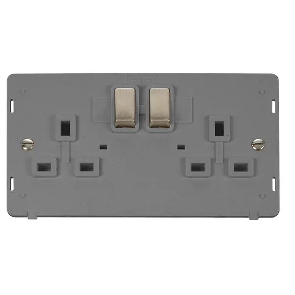 Click Definity SIN536GYBS 13A Ingot 2 Gang Double Pole Switched Socket Outlet Insert - Grey / Brushed Stainless