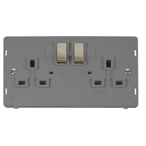 Click Definity SIN536GYBS 13A Ingot 2 Gang Double Pole Switched Socket Outlet Insert - Grey / Brushed Stainless