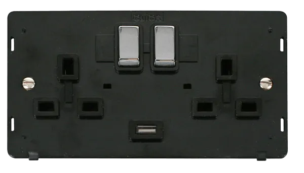 Click Definity SIN570BKCH 13A 2G Ingot Switched Socket With 2.1A USB Outlet Insert - Black / Chrome