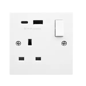 Click Polar PRW785 White Moulded 13A 1G Switched Safety Shutter Socket Outlet with Type A & C USB(4A) Outlets