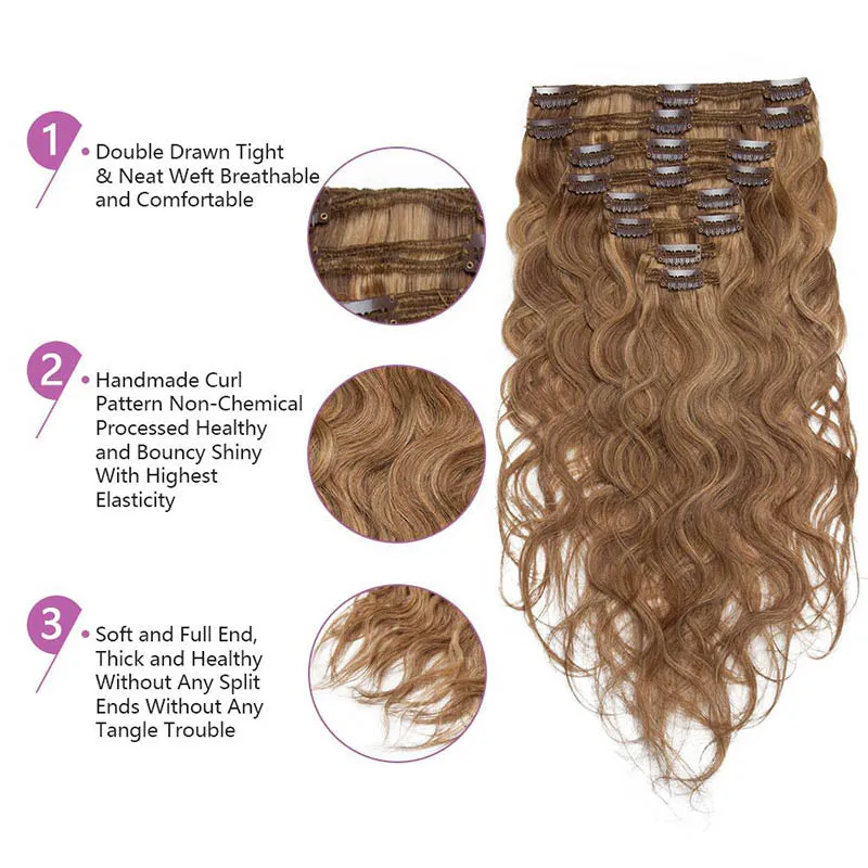Clip in Hair Extensions Body Wave 8pcs 18" Human Hair For Black Women