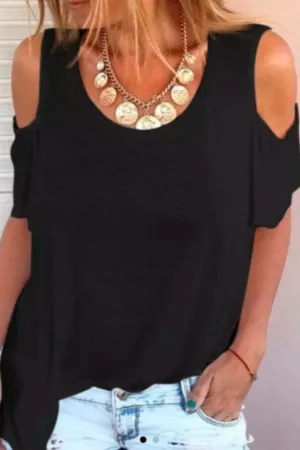 Cold Shoulder O Neck  Casual Blouse In Black