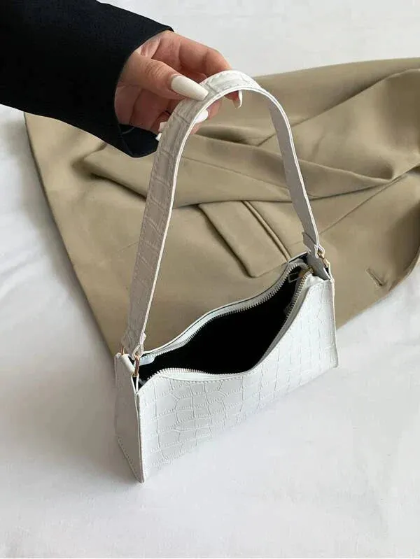 Croc Embossed Shoulder Bag - White