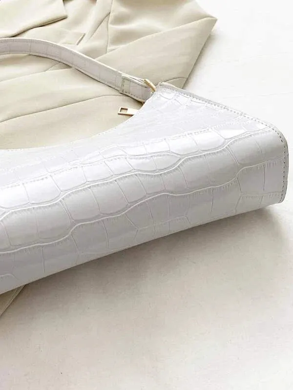 Croc Embossed Shoulder Bag - White