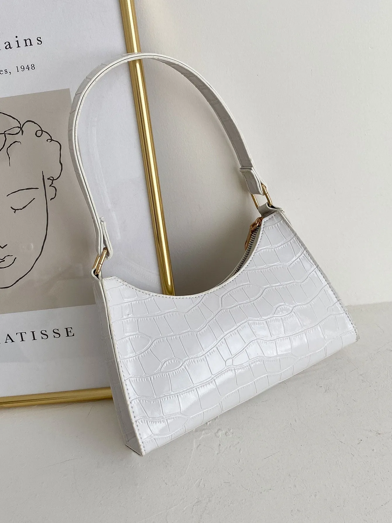 Croc Embossed Shoulder Bag - White