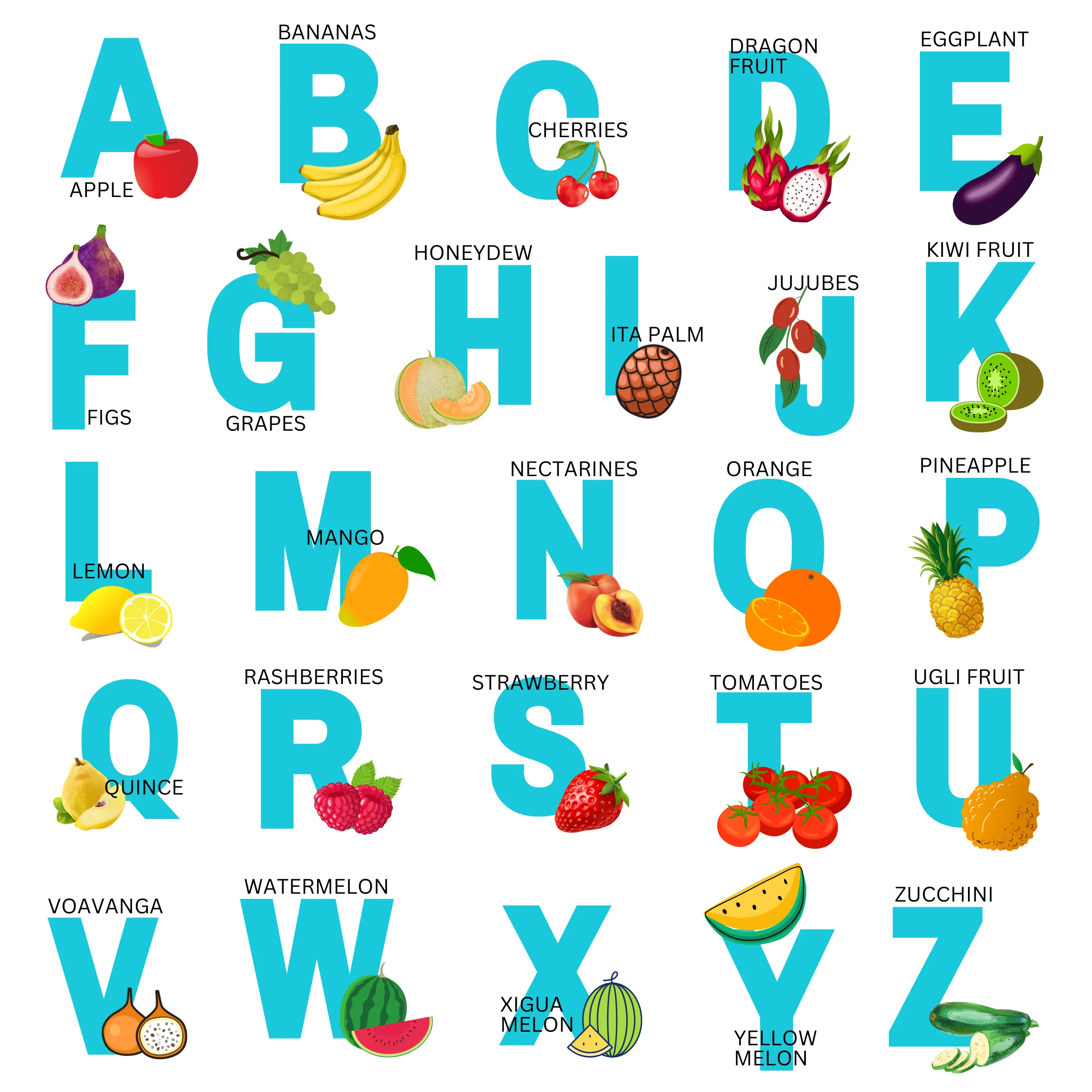 Cute Alphabets Fruits (Blue) - Digital Art SETAFB001