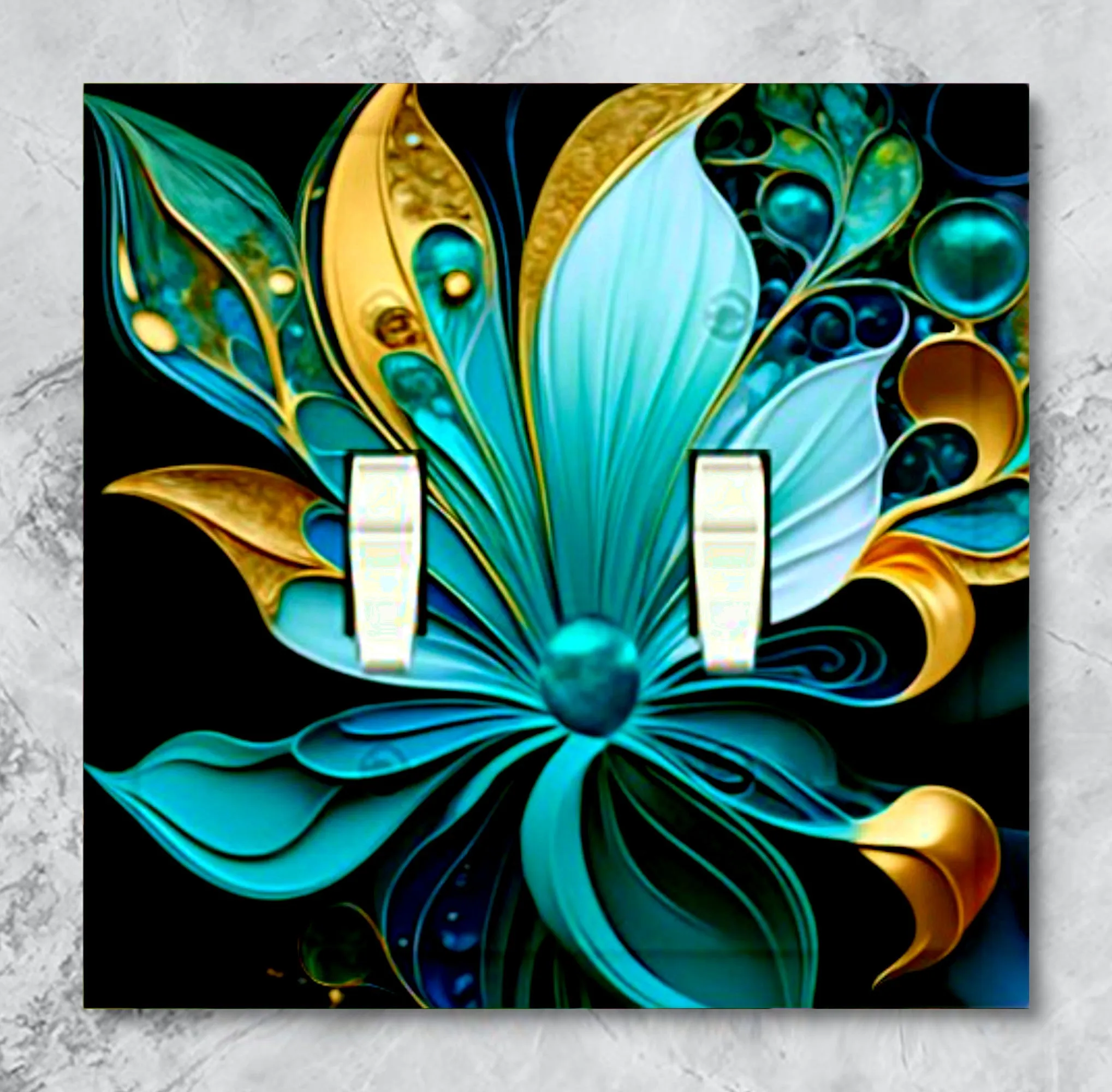 Decorative Switch Plate Cover- Abstract Flower Print in Blue and Gold, Unique Home Decor