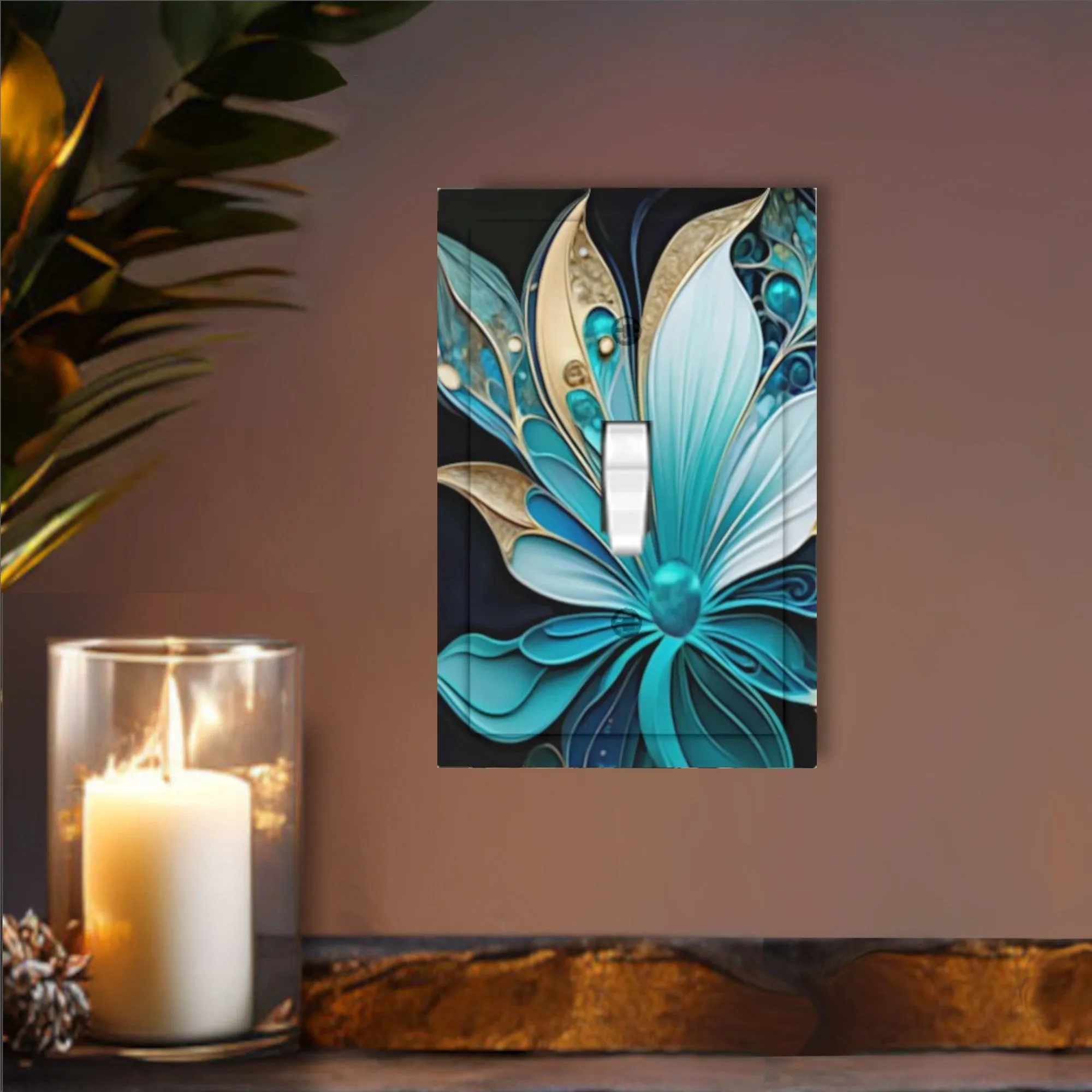 Decorative Switch Plate Cover- Abstract Flower Print in Blue and Gold, Unique Home Decor