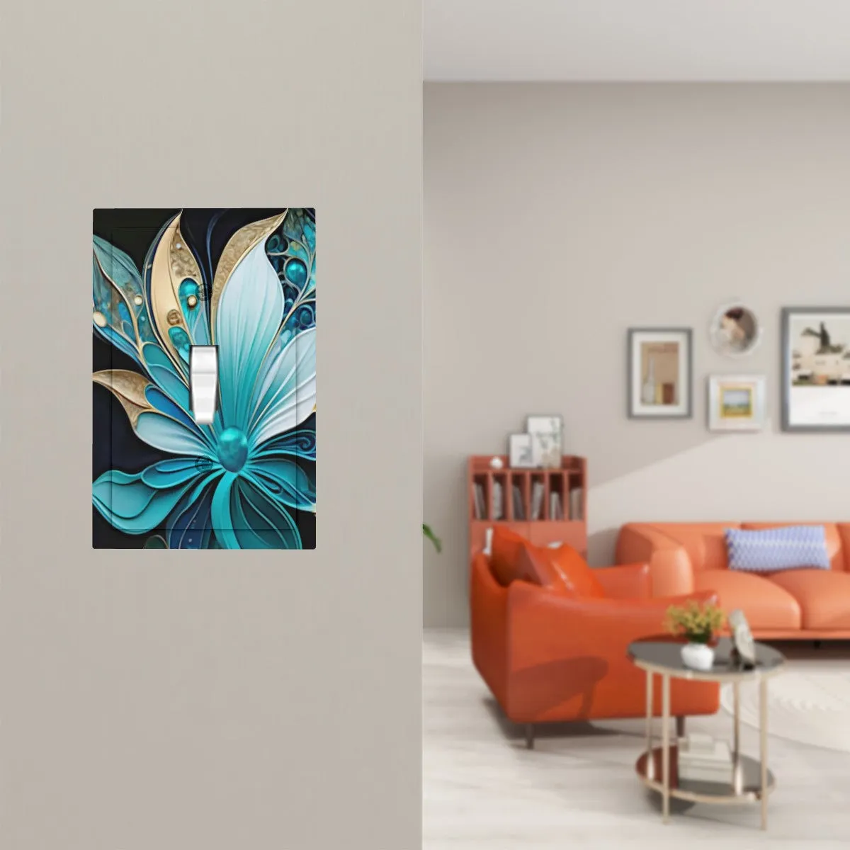Decorative Switch Plate Cover- Abstract Flower Print in Blue and Gold, Unique Home Decor