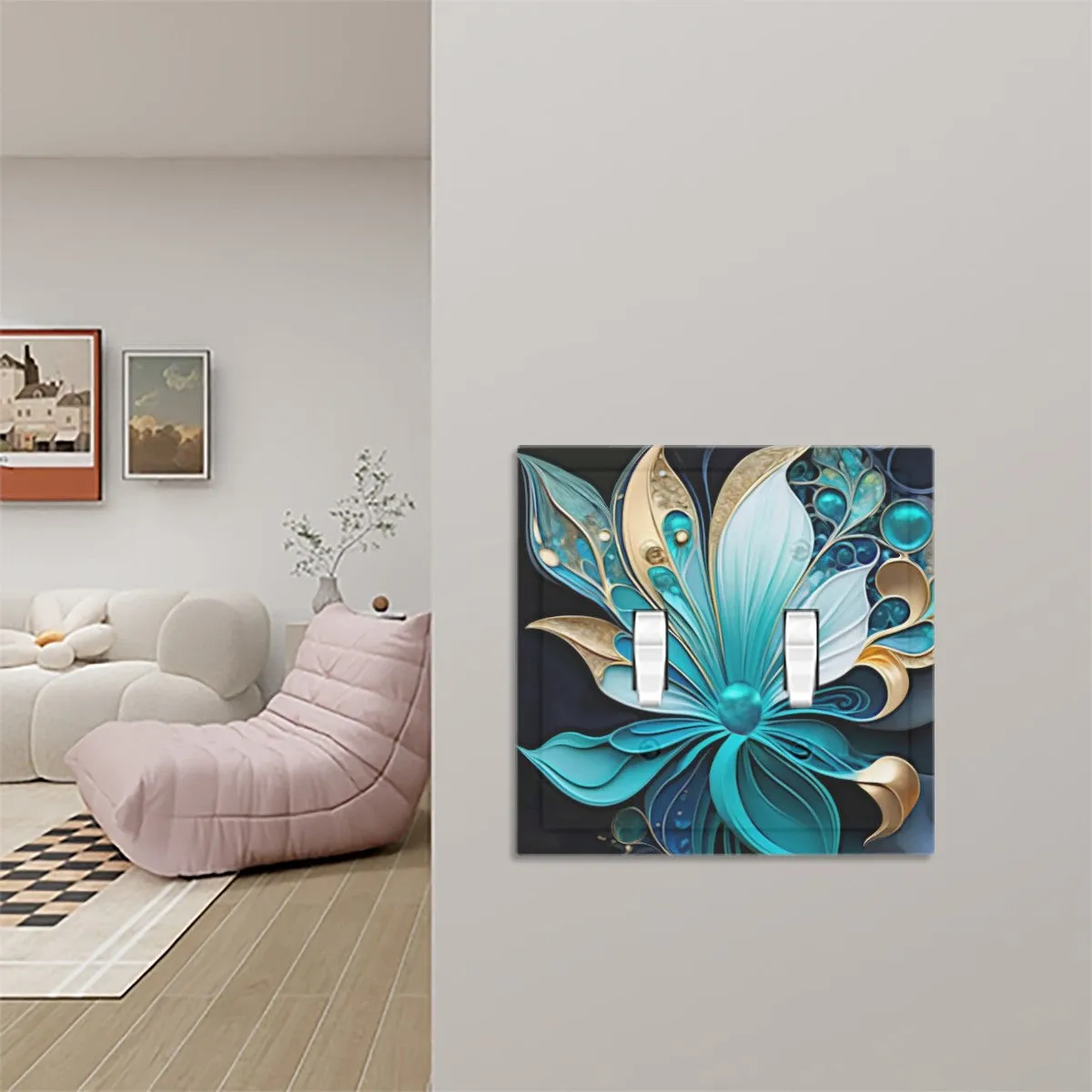 Decorative Switch Plate Cover- Abstract Flower Print in Blue and Gold, Unique Home Decor