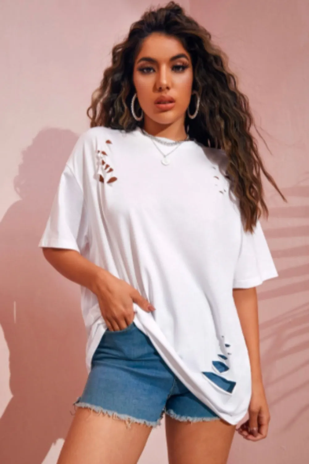 Drop Shoulder Rip Detailed Tee