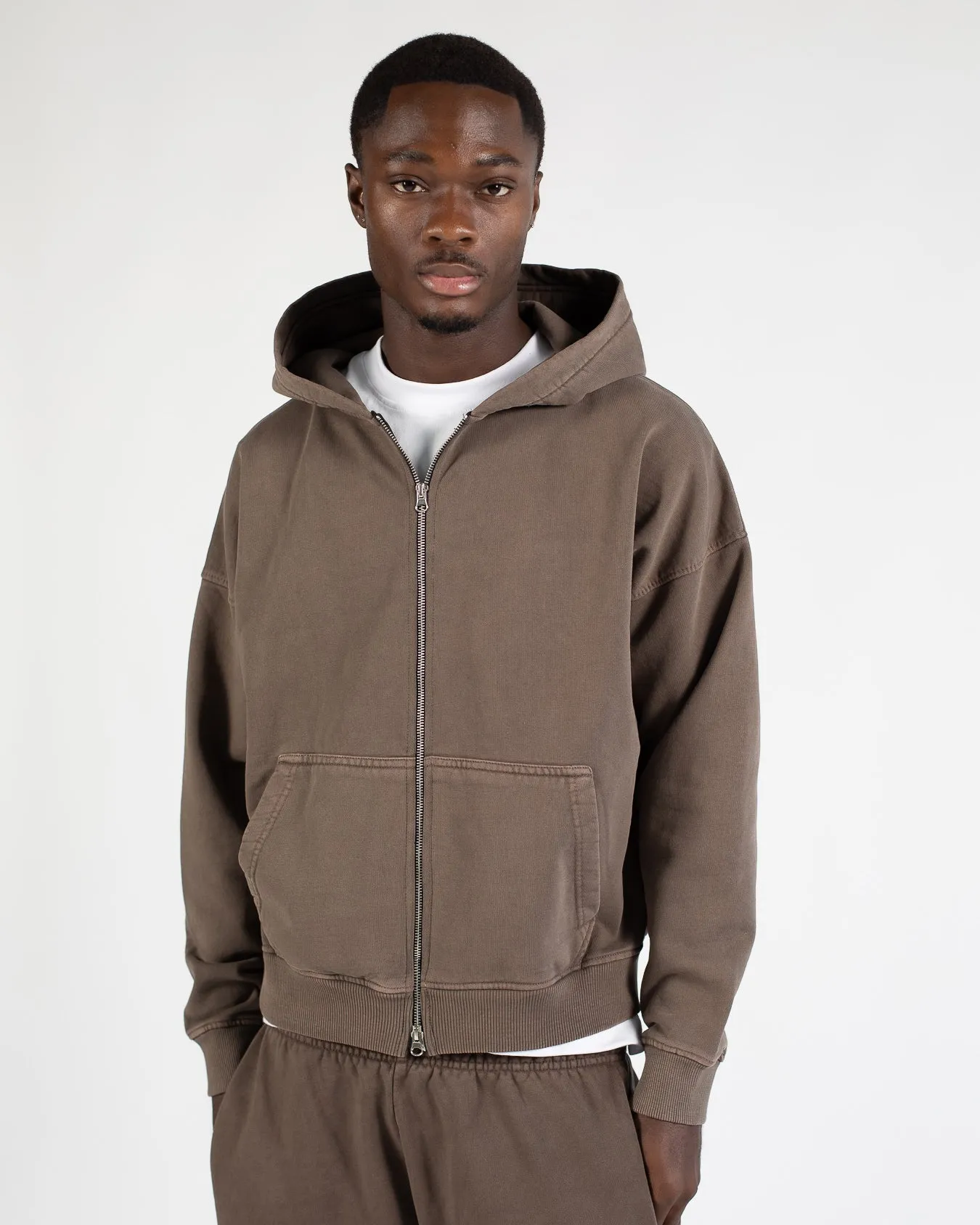 Drop Shoulder Zip Hoodie - Vintage Brown
