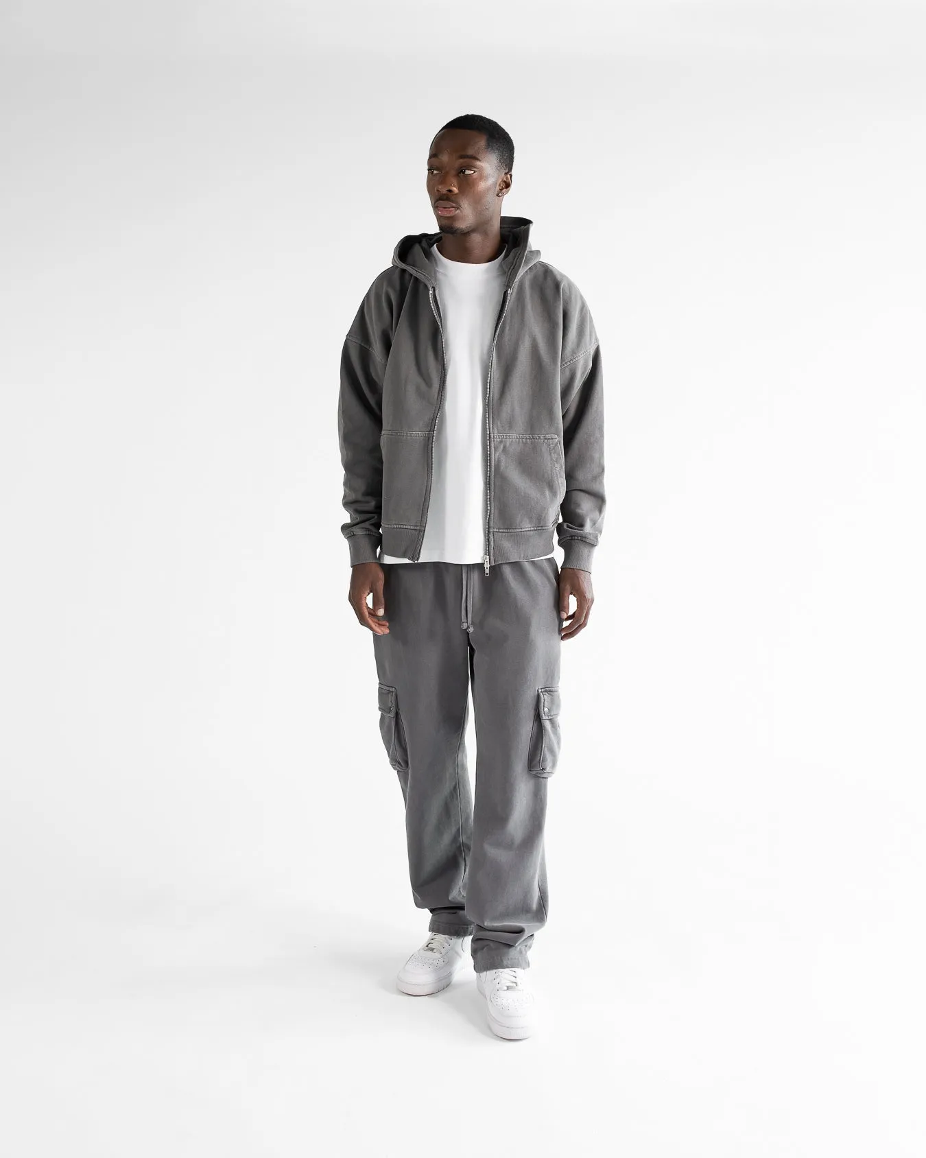 Drop Shoulder Zip Hoodie - Vintage Grey