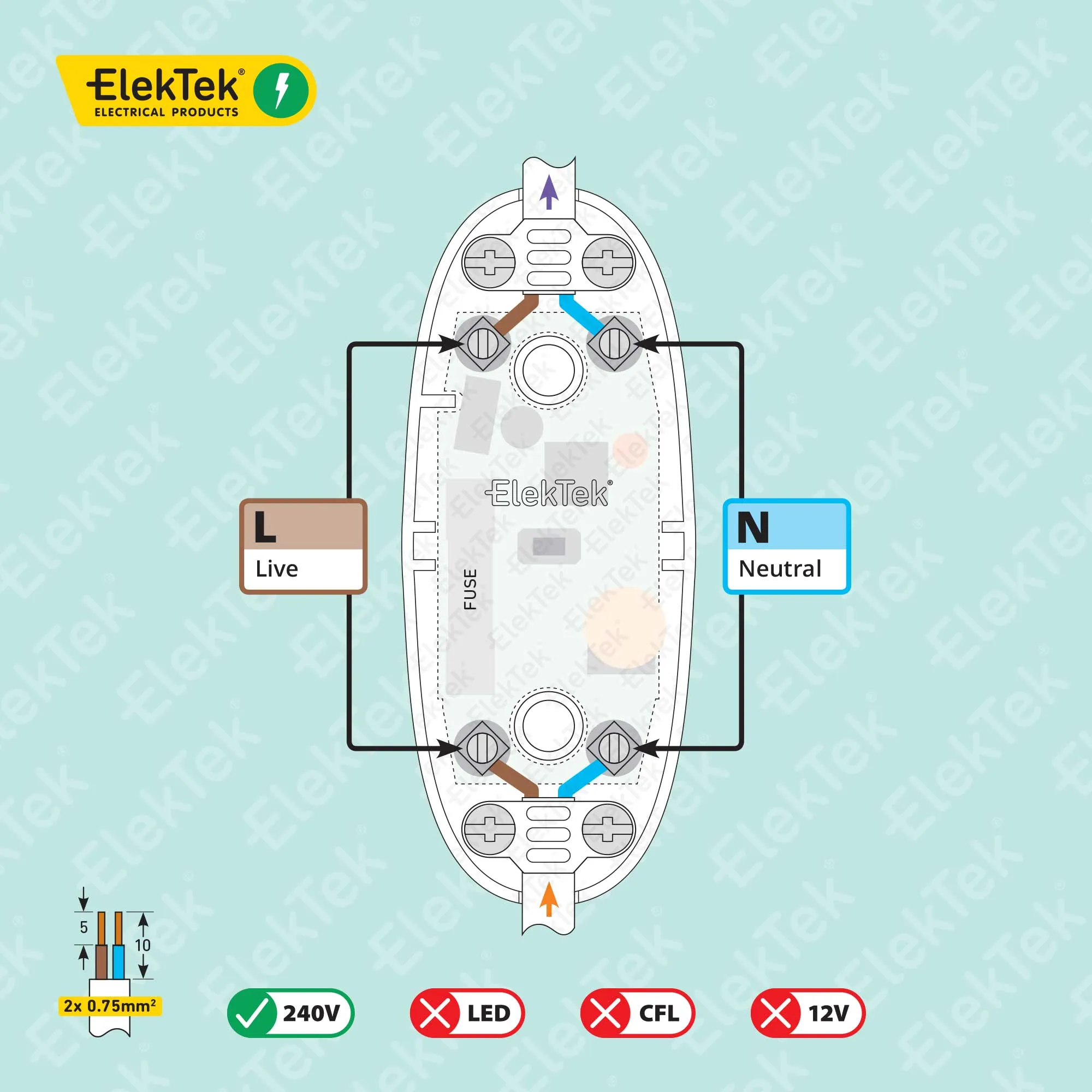 ElekTek Push Button Dimmer Torpedo Switch Low Range Electronic 10-150w 2 Core Flex Only Colours