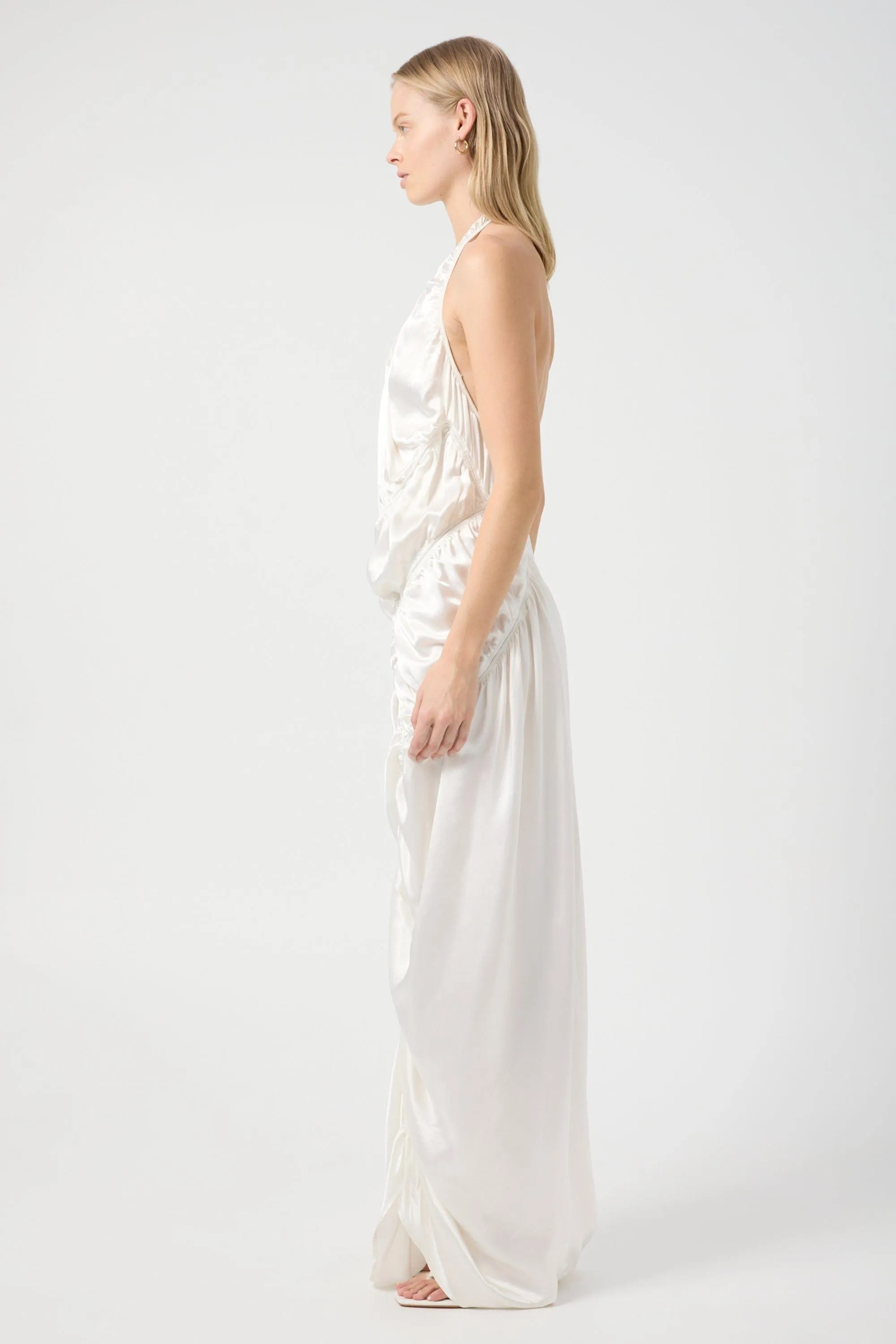 ELEMENTAL RUCHED HALTER DRESS | WHITE
