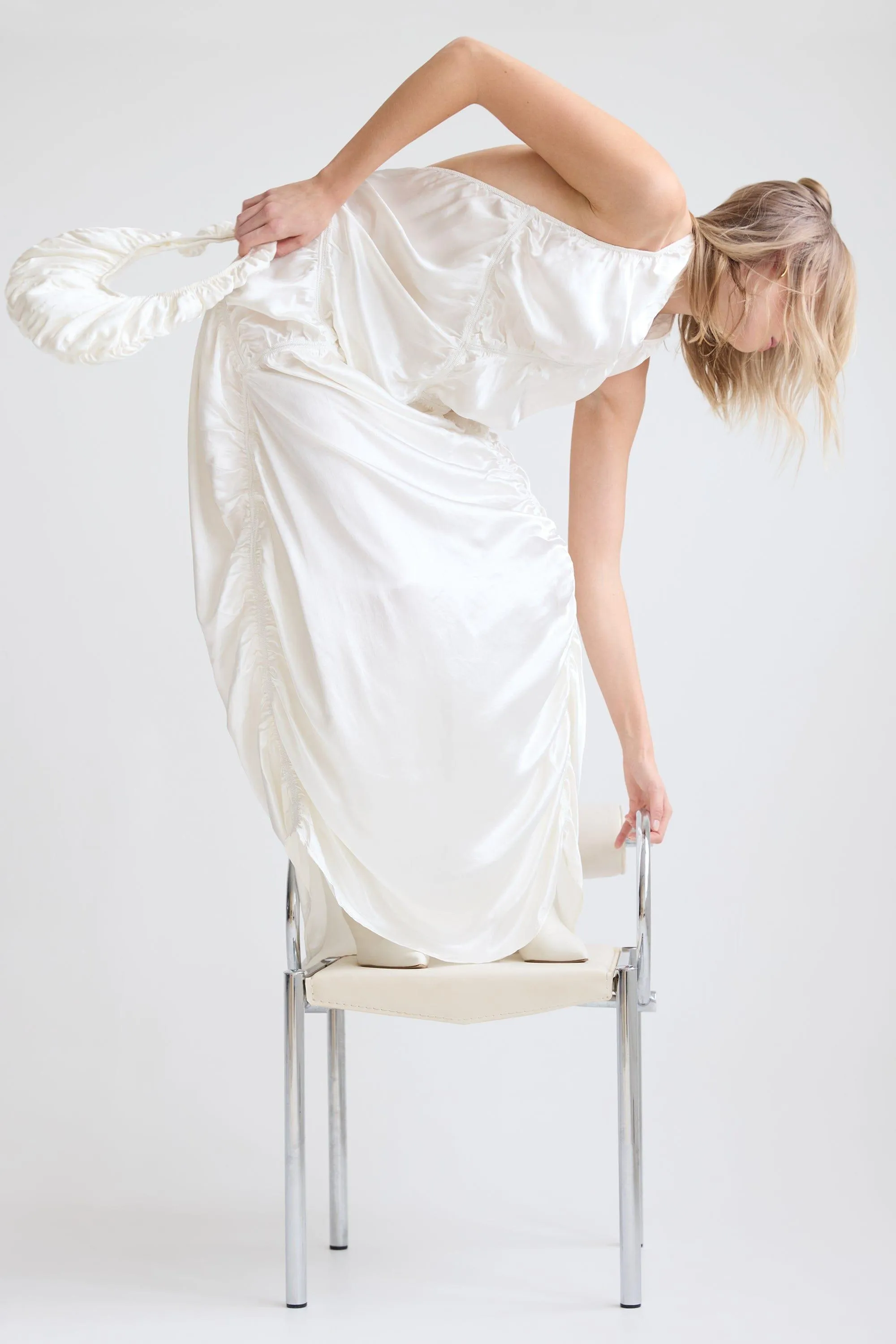 ELEMENTAL RUCHED HALTER DRESS | WHITE