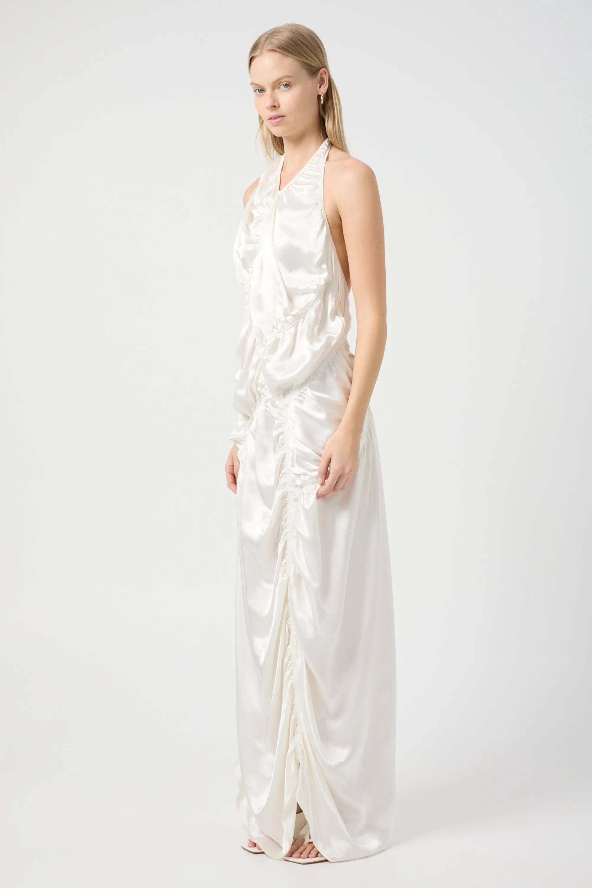 ELEMENTAL RUCHED HALTER DRESS | WHITE