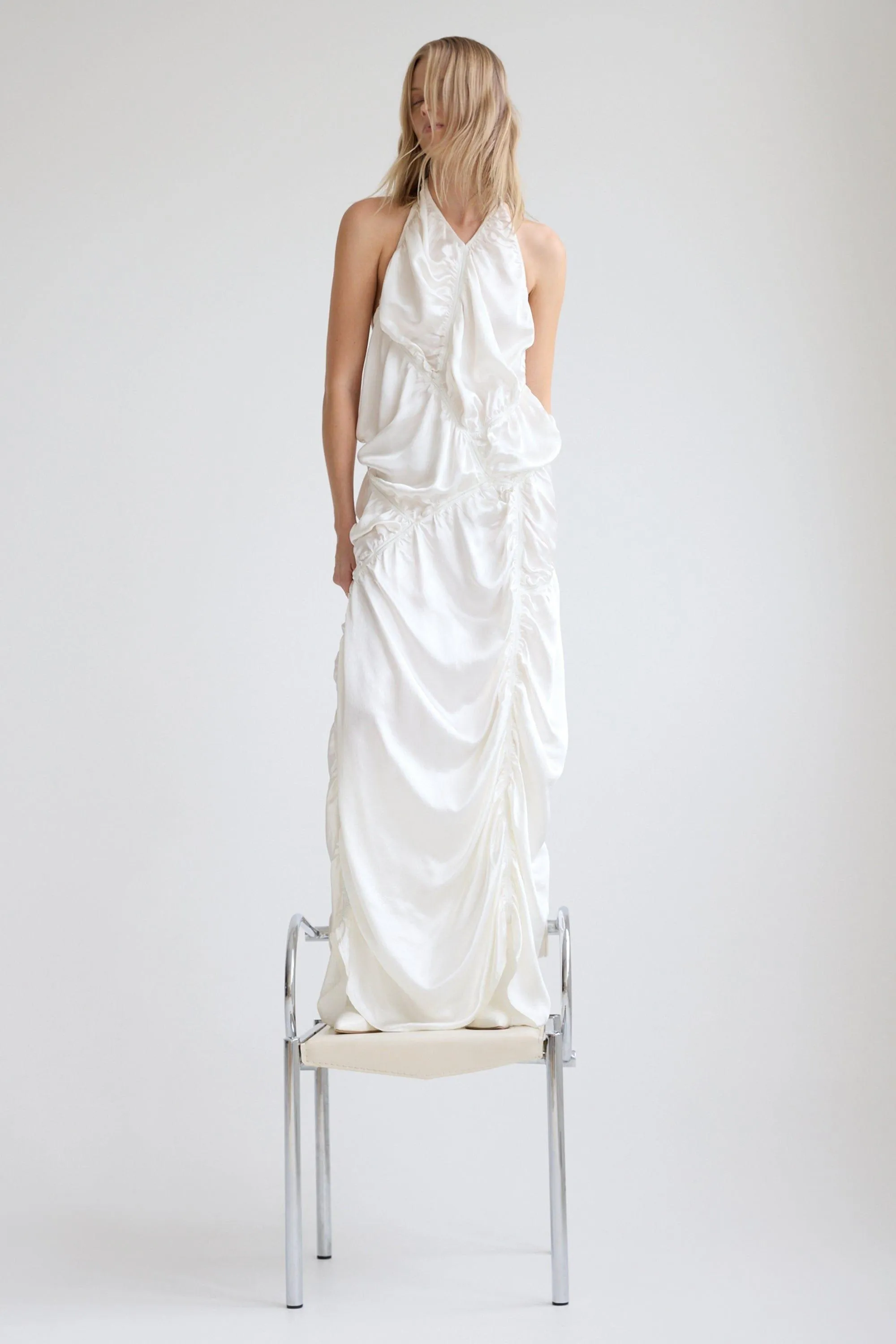 ELEMENTAL RUCHED HALTER DRESS | WHITE