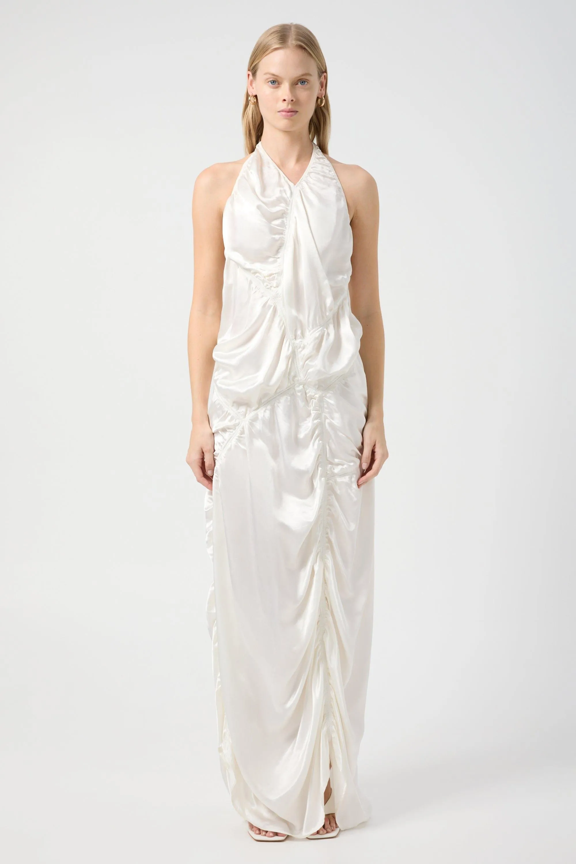 ELEMENTAL RUCHED HALTER DRESS | WHITE