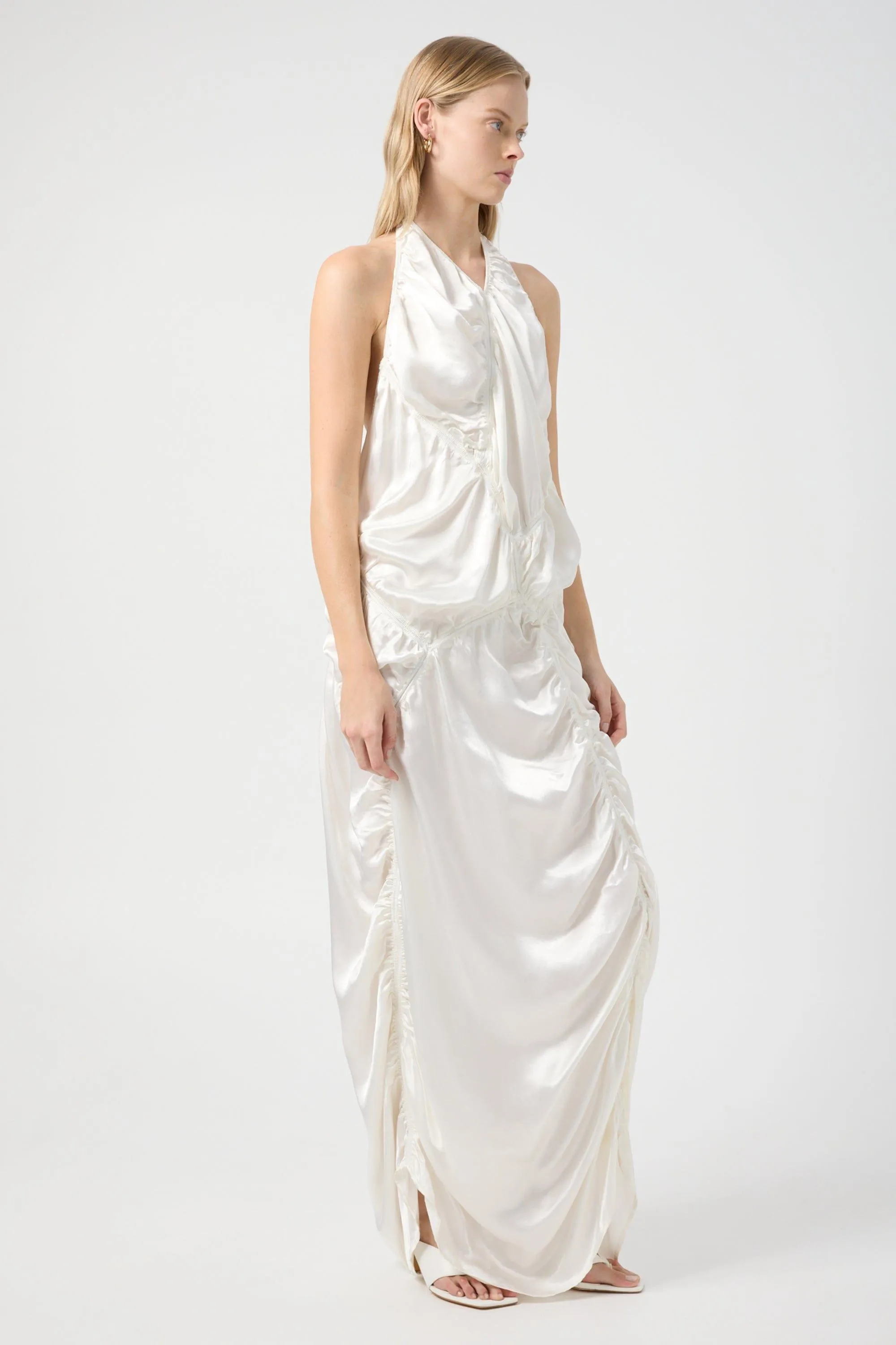 ELEMENTAL RUCHED HALTER DRESS | WHITE