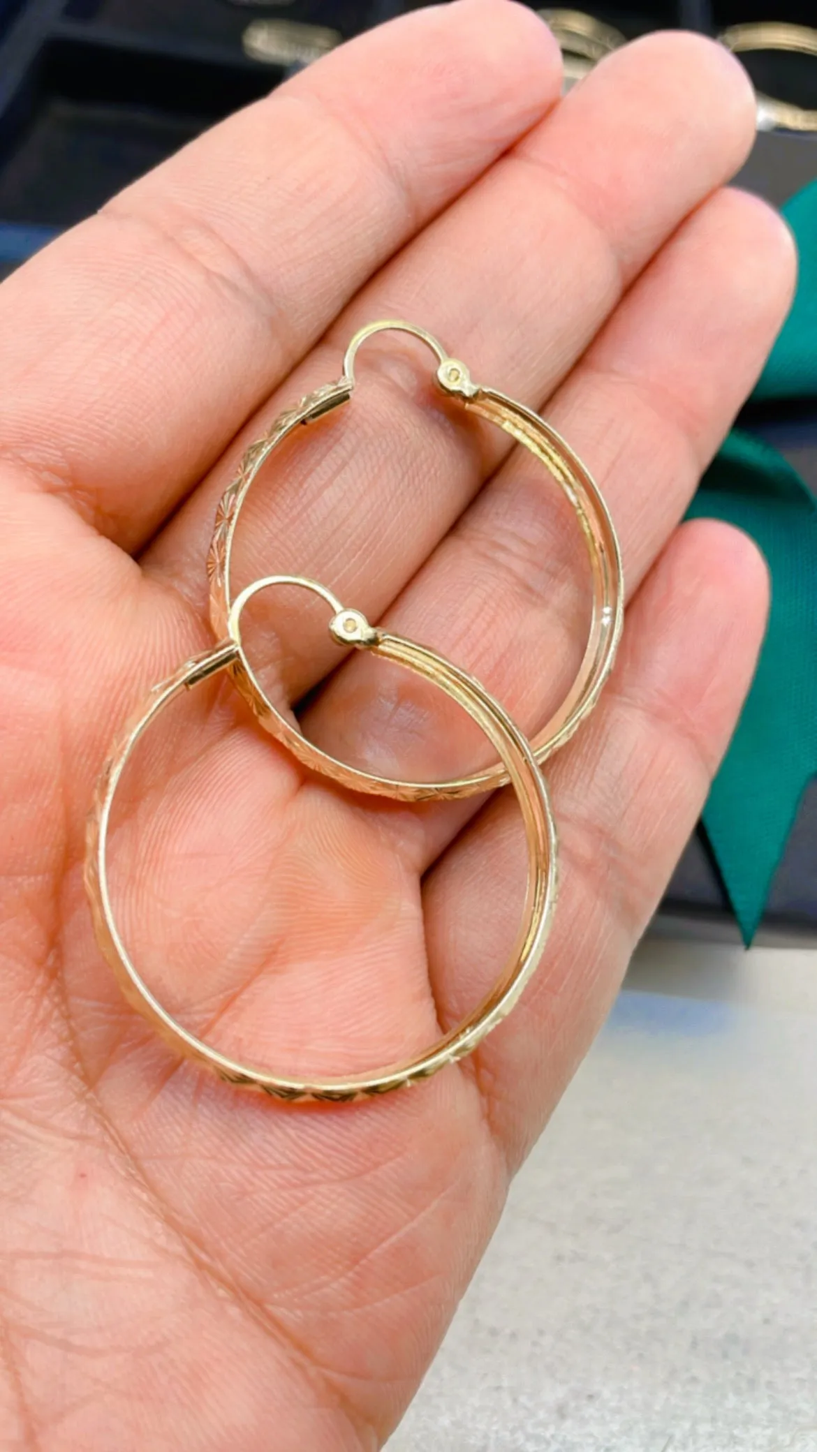 Etched Round Hoop Earrings 10k Yellow Gold Snap Top Hoops.