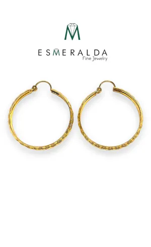 Etched Round Hoop Earrings 10k Yellow Gold Snap Top Hoops.