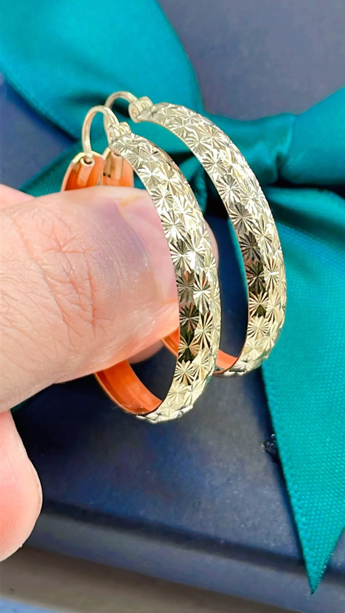 Etched Round Hoop Earrings 10k Yellow Gold Snap Top Hoops.