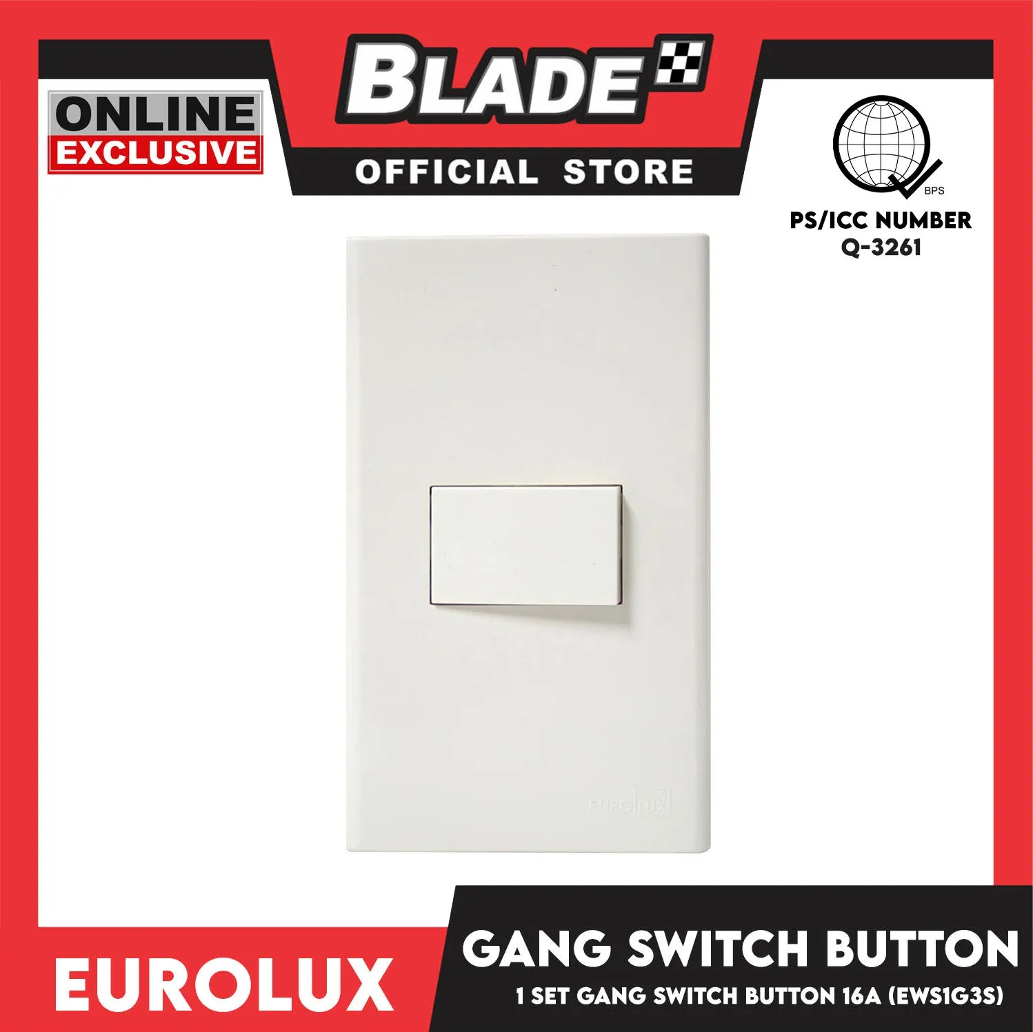 Eurolux  1 Gang 3 Way Switch Button 16A EWS1G3S